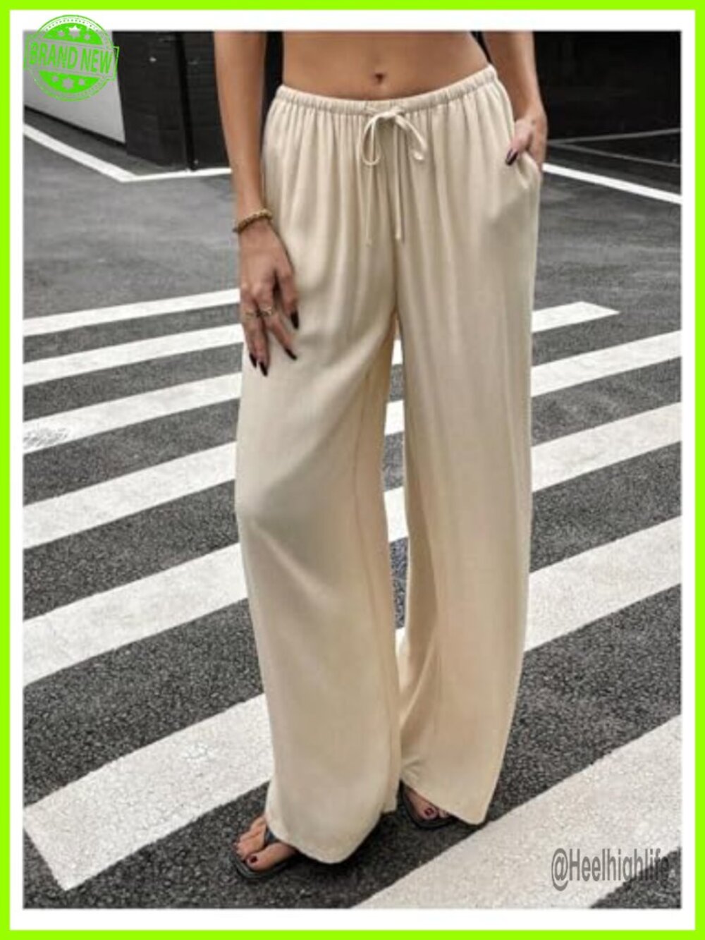 Linen Low Rise Drawstring Wide Leg Palazzo Pants Trousers - Picture 2 of 4